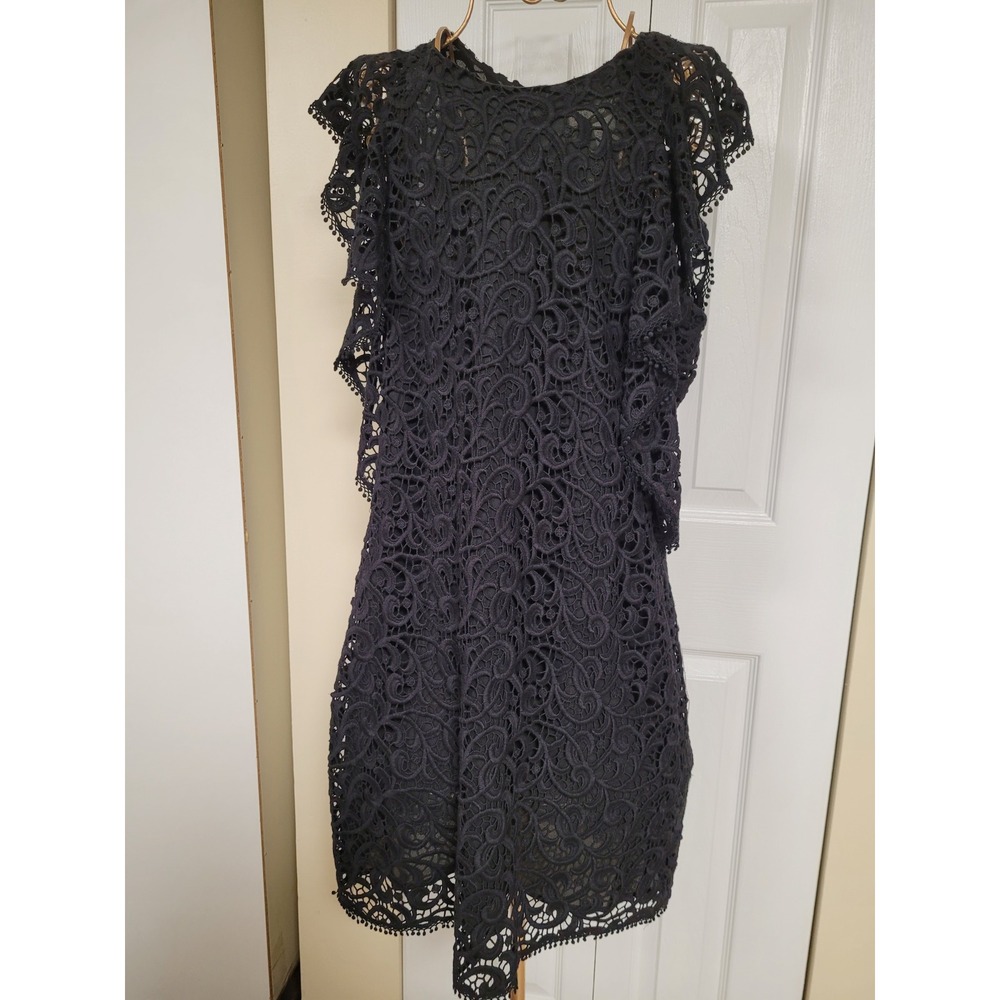 Black Crocheted Cotton Lace Cocktail Dress Vintage Flutter Sleeve Lined Size L